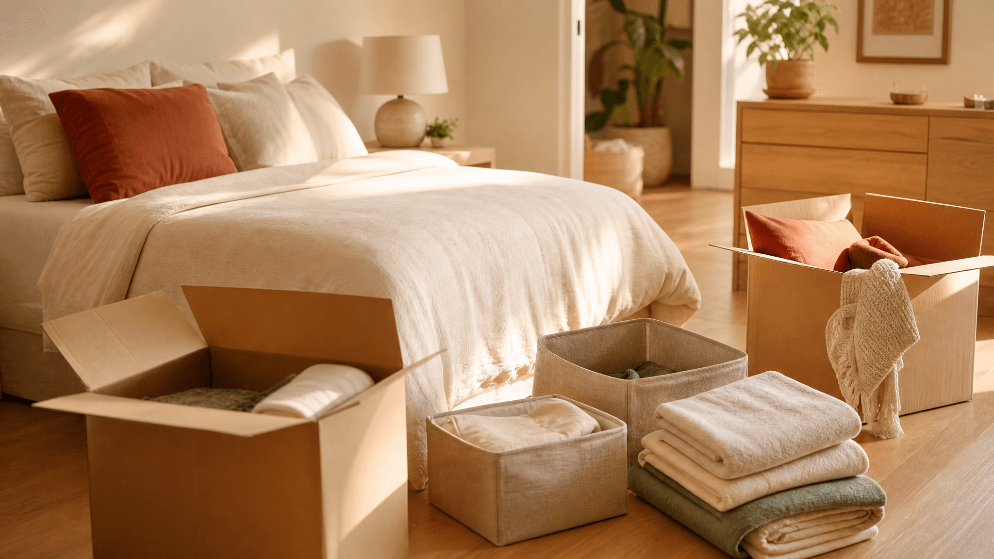 A freshly made bed and folded storage beside open moving boxes in warm afternoon light